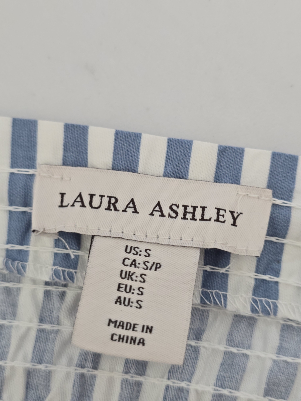 Laura Ashley Smoked Striped Midi Dress S Ruffle Sleeves Blue NWT - Picture 4 of 8